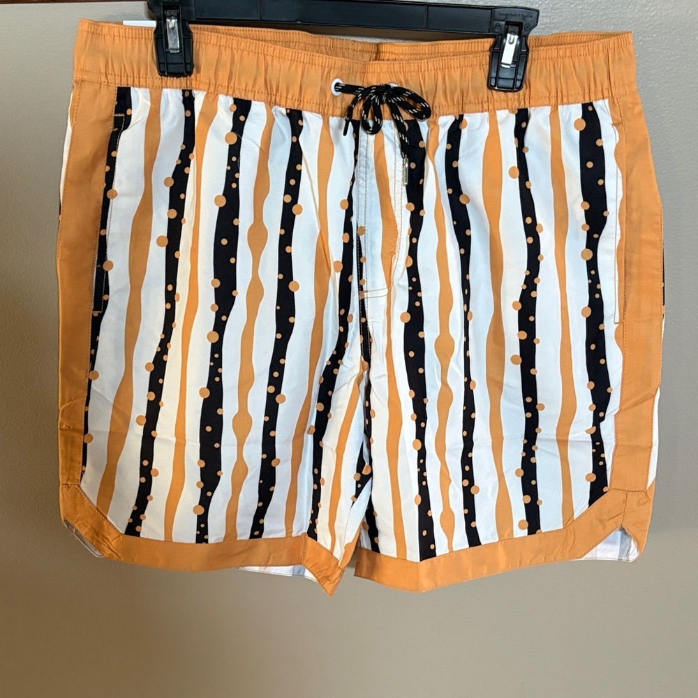 NWT men’s Stylish Orange and Black Striped Swim trunks Shorts size Large